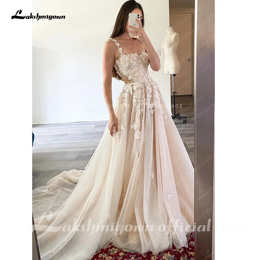 Wedding Light Champagne Wedding Dresses 3D Flowers Spathetti Straps  formato  em A