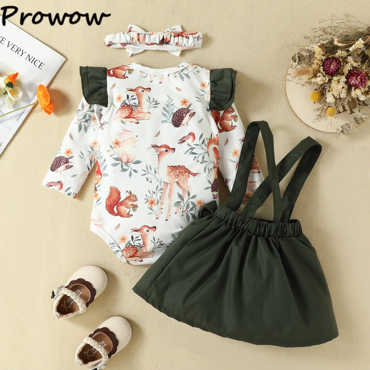 Prowow Panda Baby Girl Outfits Sets Green Cute Panda Romper and Suspender Bamboo Dress 3pcs Baby Clothes Panda Set