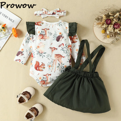 Prowow Panda Baby Girl Outfits Sets Green Cute Panda Romper and Suspender Bamboo Dress 3pcs Baby Clothes Panda Set