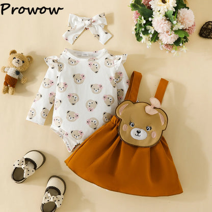 Prowow Panda Baby Girl Outfits Sets Green Cute Panda Romper and Suspender Bamboo Dress 3pcs Baby Clothes Panda Set