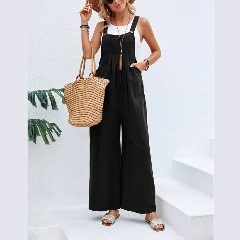 Summer Women Long Jumpsuit Solid Color Casual Loose Thin Size Sleeveless Straps Wide Leg Women Suspender Loose Jumpsuit