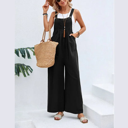 Summer Women Long Jumpsuit Solid Color Casual Loose Thin Size Sleeveless Straps Wide Leg Women Suspender Loose Jumpsuit