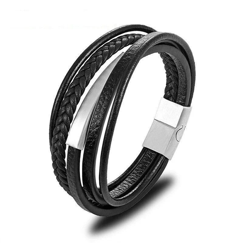 European and American Fashion Stainless Steel Star of David Multilayer Leather Braid Bracelet Mes Charm Amulet Jewelry