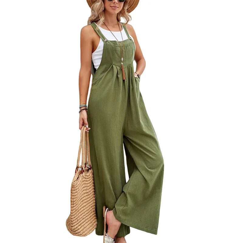 Summer Women Long Jumpsuit Solid Color Casual Loose Thin Size Sleeveless Straps Wide Leg Women Suspender Loose Jumpsuit