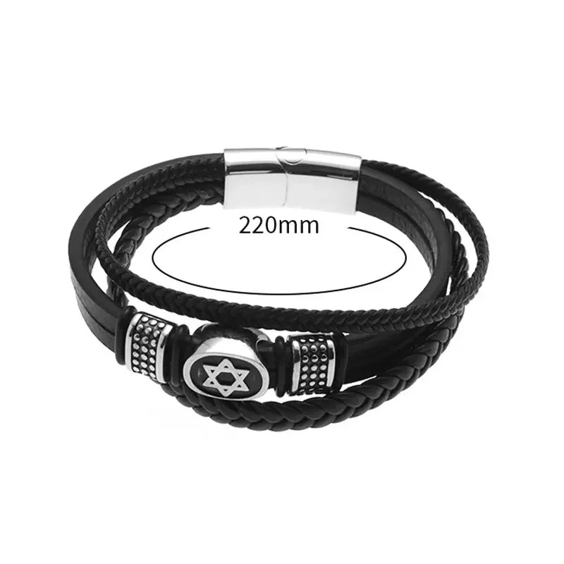 European and American Fashion Stainless Steel Star of David Multilayer Leather Braid Bracelet Mes Charm Amulet Jewelry