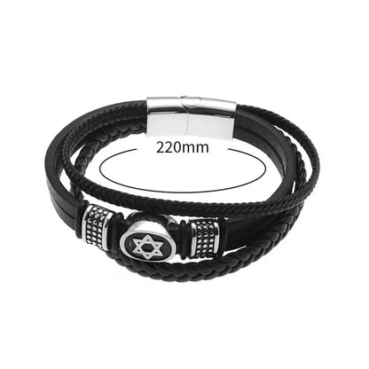 European and American Fashion Stainless Steel Star of David Multilayer Leather Braid Bracelet Mes Charm Amulet Jewelry