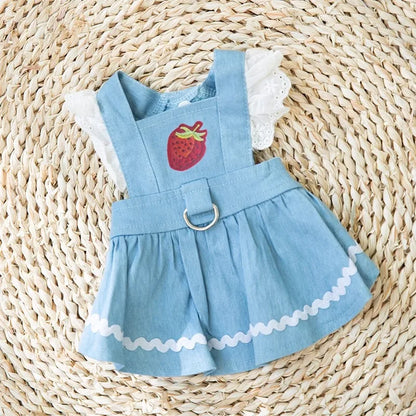 Dog Jeans Dress Strawberry Print Lace Cute Pet Dog Clothes Chihuahua Bichon Frise Summer Puppy Skirt Cat Dog Costume with Buckle