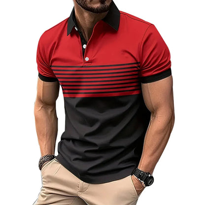 New Summer Men Casual Short Sleeve Lapel Business Polo Shirt  Stripe Polo Shirt Sport Button Pullover