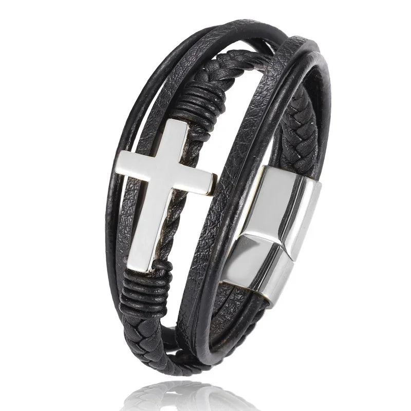 European and American Fashion Stainless Steel Star of David Multilayer Leather Braid Bracelet Mes Charm Amulet Jewelry