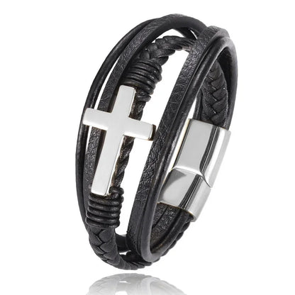 European and American Fashion Stainless Steel Star of David Multilayer Leather Braid Bracelet Mes Charm Amulet Jewelry