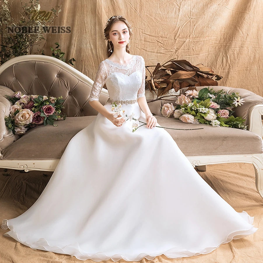 Wedding Dresses Organza A-line Simple Wedding Dress Floor-length Sashes Bridal Dresses with Half Lace Wedding Gown