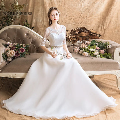 Wedding Dresses Organza A-line Simple Wedding Dress Floor-length Sashes Bridal Dresses with Half Lace Wedding Gown