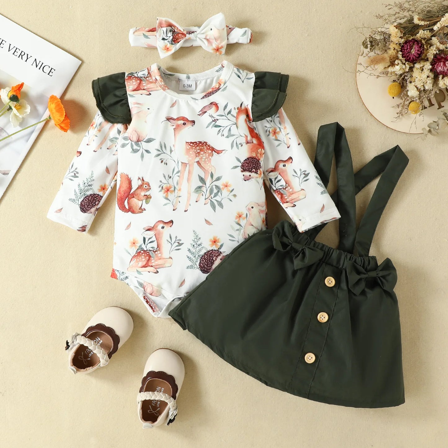 Prowow Panda Baby Girl Outfits Sets Green Cute Panda Romper and Suspender Bamboo Dress 3pcs Baby Clothes Panda Set