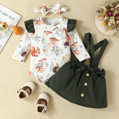 Prowow Panda Baby Girl Outfits Sets Green Cute Panda Romper and Suspender Bamboo Dress 3pcs Baby Clothes Panda Set