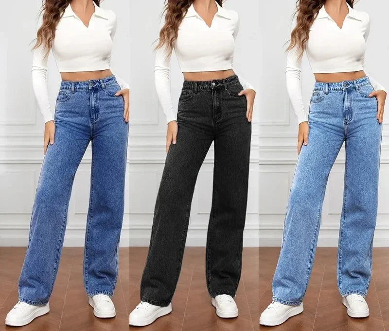 Jeans ganga Mulheres Calças Retas Lavagem Cintura Alta Solta Bolsos Básicos Comprimento Tornozelo Y2k Calças Azuis Streetwear Leve Elástico . Descubra conforto e estilo. Toque especial...