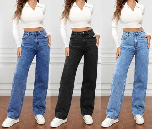 Jeans  ganga Women Straight Pants Washing High Waist Loose Pockets Basics Ankle Length Y2k Blue Pants Streetwear Slight Strech .  Descubra conforto e estilo. Toque especial...