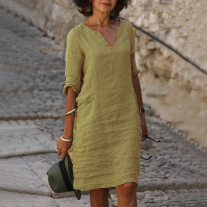 Vintage Solid Mini Dress Women Fashion Summer V-neck Three Quater Sleeve Cotton Linen Party Dresses Ladies Casual Femme Vestidos