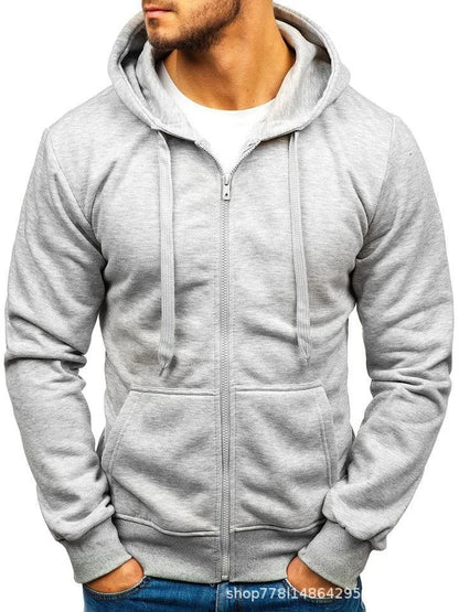 New Fashion Men's Casual Slim Fit Autumn European Size Cardigan Solid Color Zipper Cardigan Hooded Hoodie Coat