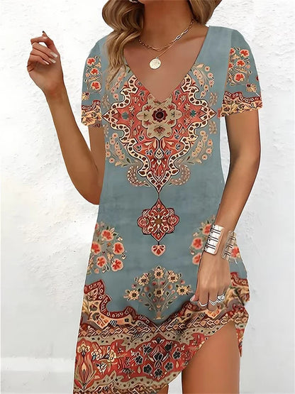 Fashion Plus Size Dress Women Casual Loose V-Neck Ladies Summer