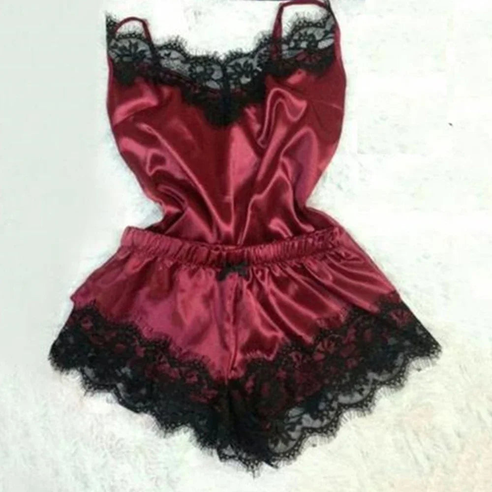 Fashion Women Pajama  V-Neck Stretch Satin Babydoll Lace Sexy Lingerie Bowknot Pyjamas Sleep Shorts Set Sleepwear