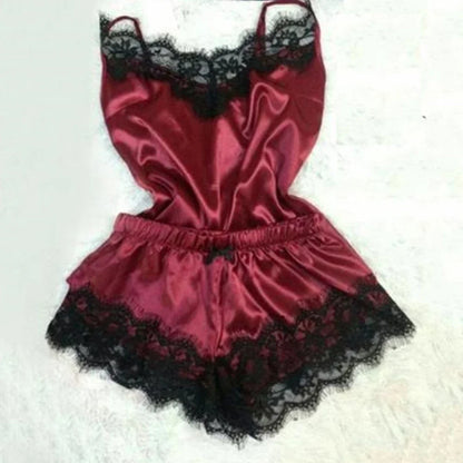 Fashion Women Pajama  V-Neck Stretch Satin Babydoll Lace Sexy Lingerie Bowknot Pyjamas Sleep Shorts Set Sleepwear