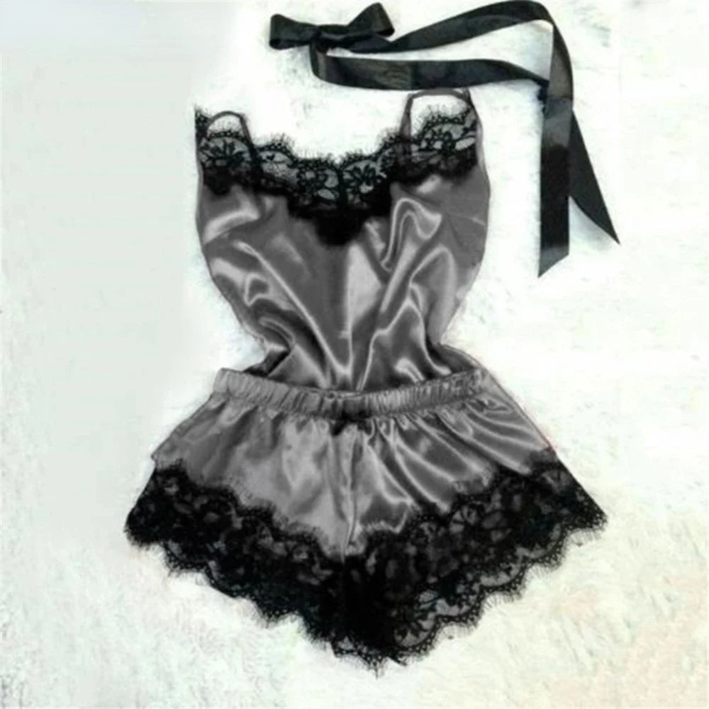 Fashion Women Pajama  V-Neck Stretch Satin Babydoll Lace Sexy Lingerie Bowknot Pyjamas Sleep Shorts Set Sleepwear