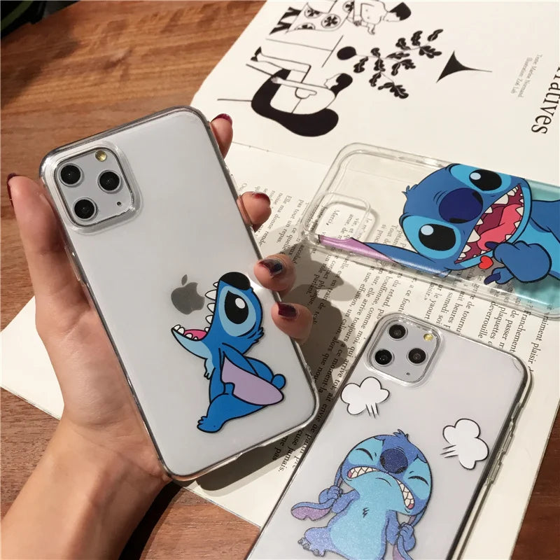 Cute Cartoon Stitch Clear Case For iPhone 16 15 14 11 12 13 Pro MAX Transparent Cover Shell Gifts