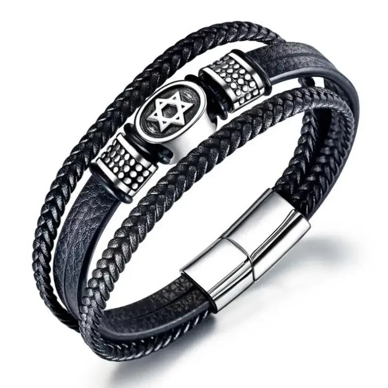 European and American Fashion Stainless Steel Star of David Multilayer Leather Braid Bracelet Mes Charm Amulet Jewelry