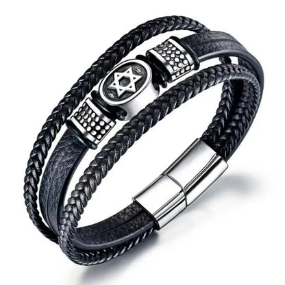 European and American Fashion Stainless Steel Star of David Multilayer Leather Braid Bracelet Mes Charm Amulet Jewelry