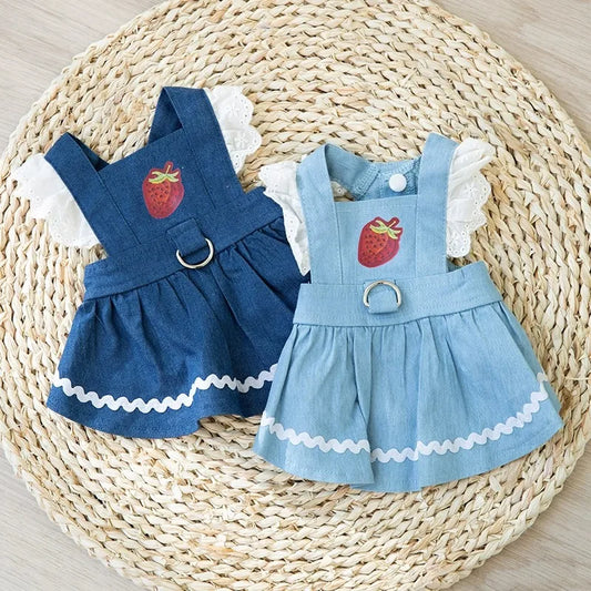 Dog Jeans Dress Strawberry Print Lace Cute Pet Dog Clothes Chihuahua Bichon Frise Summer Puppy Skirt Cat Dog Costume with Buckle