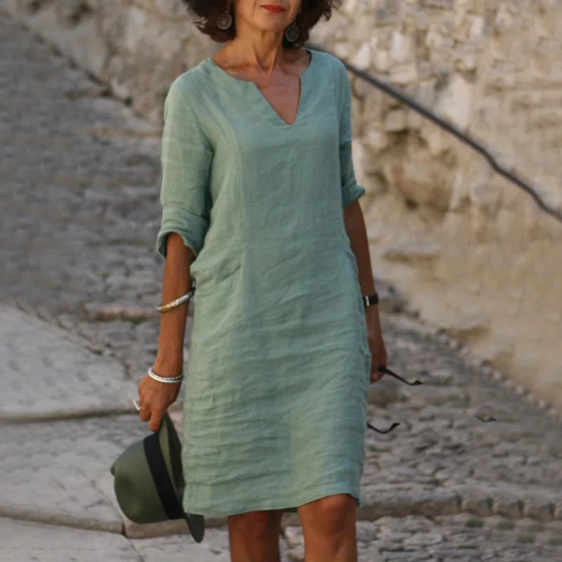 Vintage Solid Mini Dress Women Fashion Summer V-neck Three Quater Sleeve Cotton Linen Party Dresses Ladies Casual Femme Vestidos