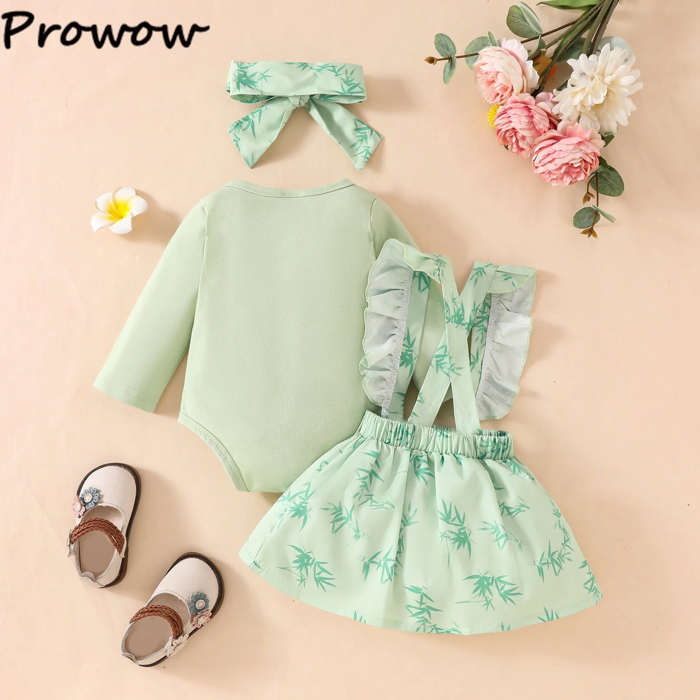 Prowow Panda Baby Girl Outfits Sets Green Cute Panda Romper and Suspender Bamboo Dress 3pcs Baby Clothes Panda Set