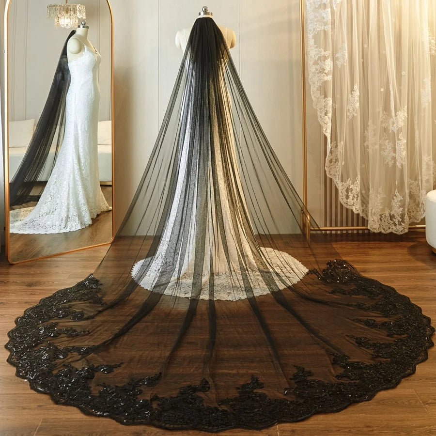 Véu de noiva 3*3 Meter Cathedral wedding veils Lace Appliques Bridal veil  cor preta