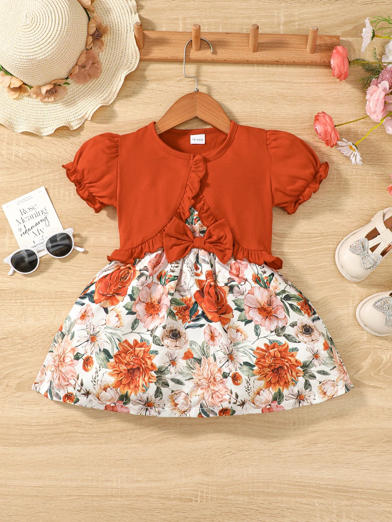 Conjunto de 2 pecas  vestido floral,com casaco meia manga   for Girls Aged 1-6 Summer Fashion Dress