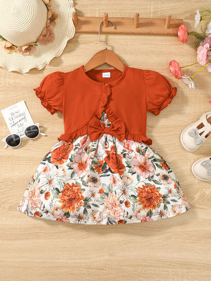 Conjunto de 2 pecas  vestido floral,com casaco meia manga   for Girls Aged 1-6 Summer Fashion Dress