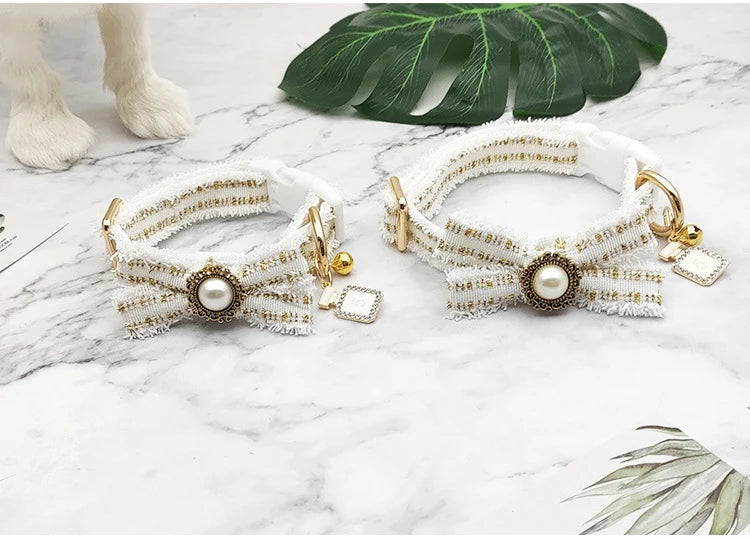 Lace Dog Leash Collar Set Vintage Bowknot Pearl Bells Girl Dog Adjustable Collar for Small Medium Dogs Puppy Collar Pet Supplies