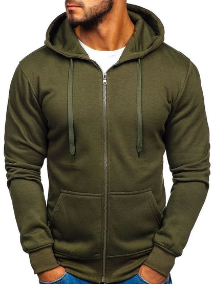 New Fashion Men's Casual Slim Fit Autumn European Size Cardigan Solid Color Zipper Cardigan Hooded Hoodie Coat