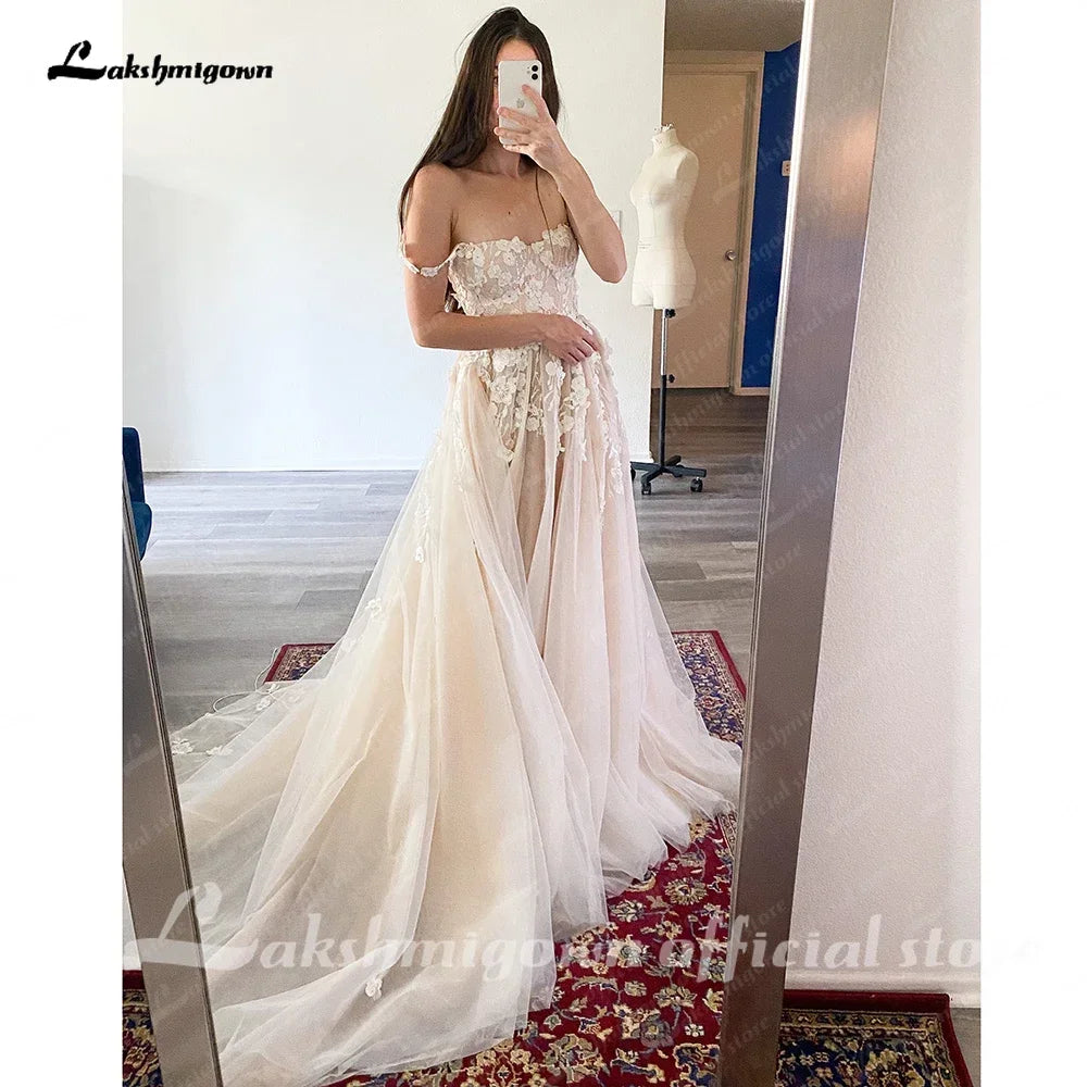 Wedding Light Champagne Wedding Dresses 3D Flowers Spathetti Straps  formato  em A