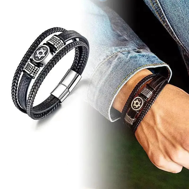 European and American Fashion Stainless Steel Star of David Multilayer Leather Braid Bracelet Mes Charm Amulet Jewelry