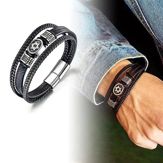 European and American Fashion Stainless Steel Star of David Multilayer Leather Braid Bracelet Mes Charm Amulet Jewelry
