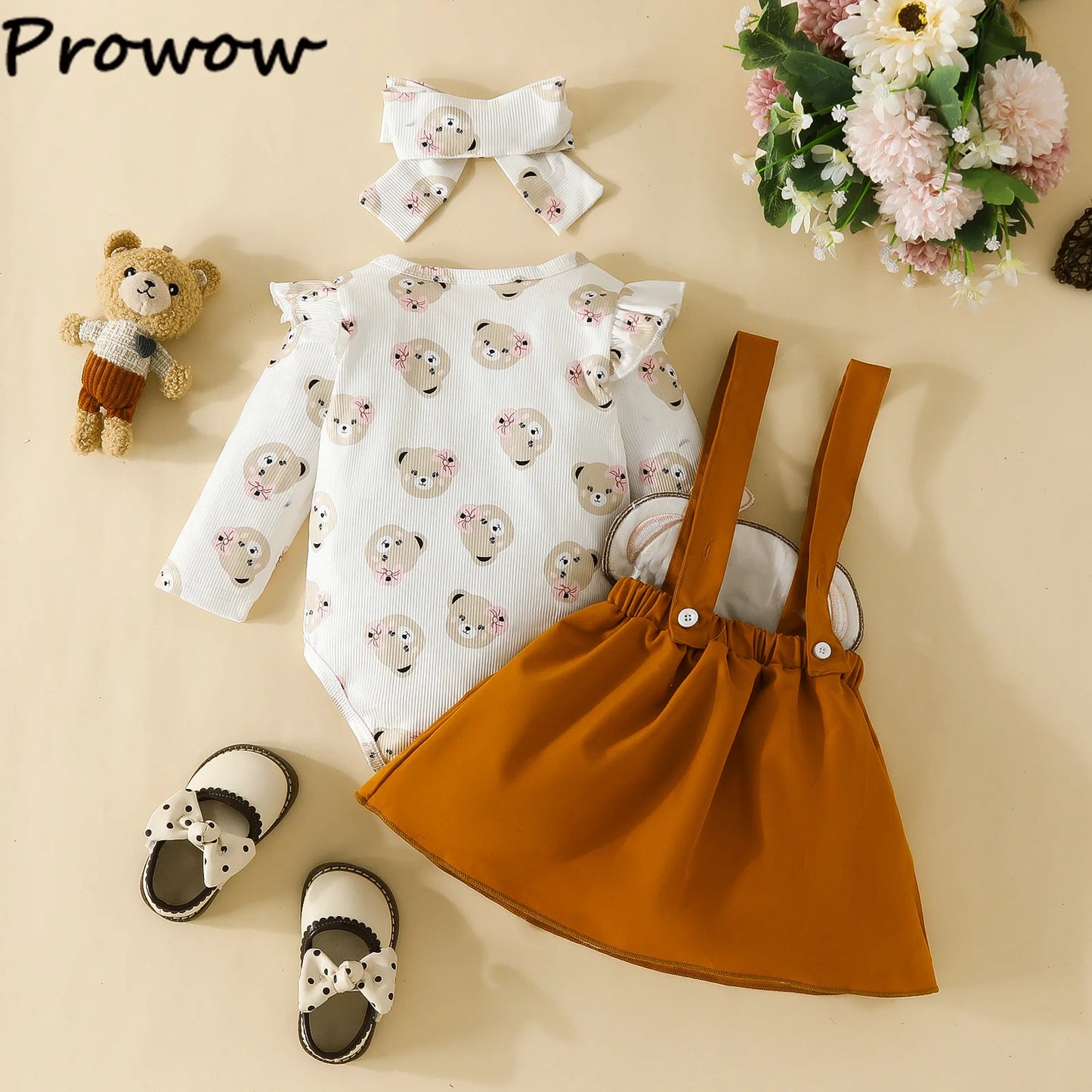 Prowow Panda Baby Girl Outfits Sets Green Cute Panda Romper and Suspender Bamboo Dress 3pcs Baby Clothes Panda Set