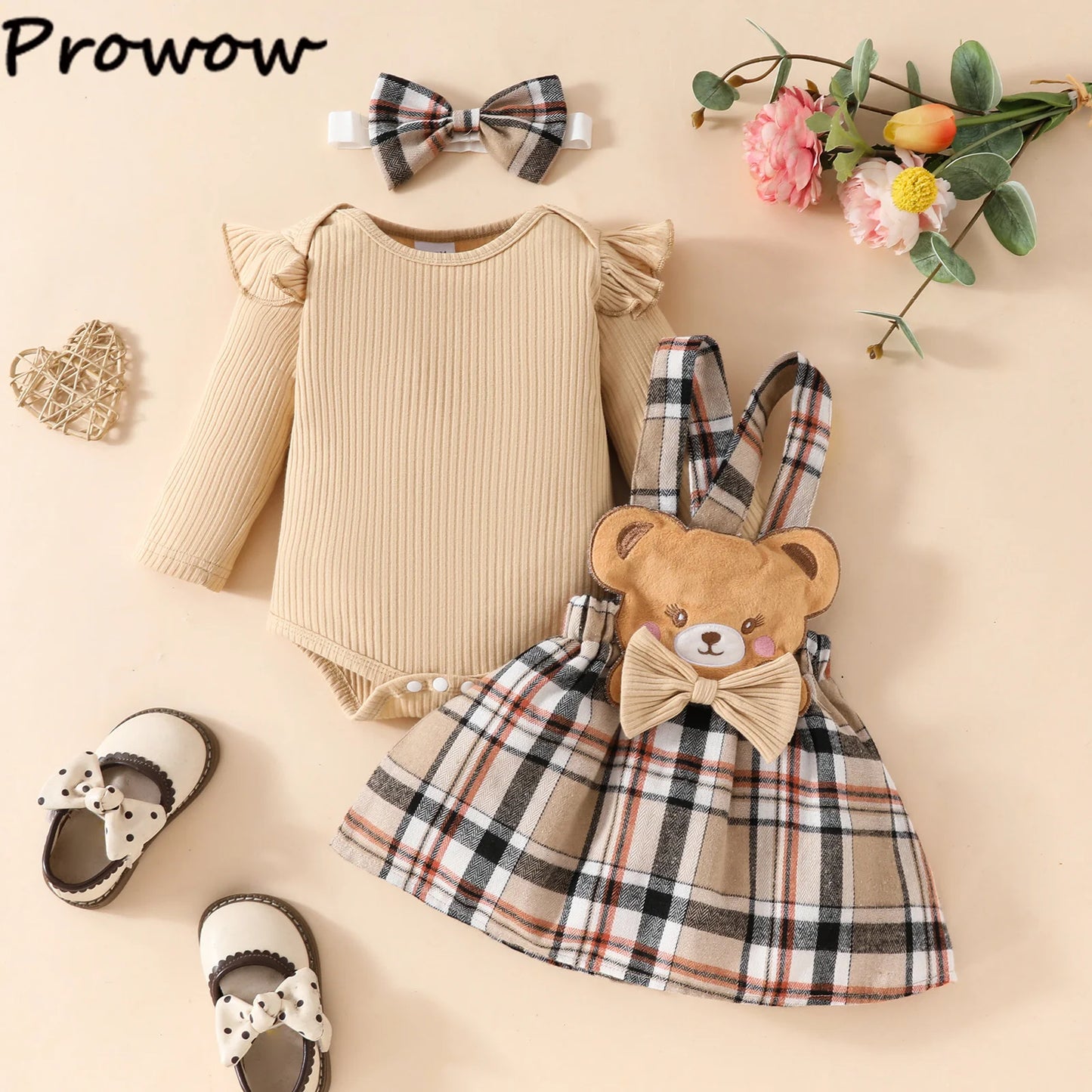 Prowow Panda Baby Girl Outfits Sets Green Cute Panda Romper and Suspender Bamboo Dress 3pcs Baby Clothes Panda Set