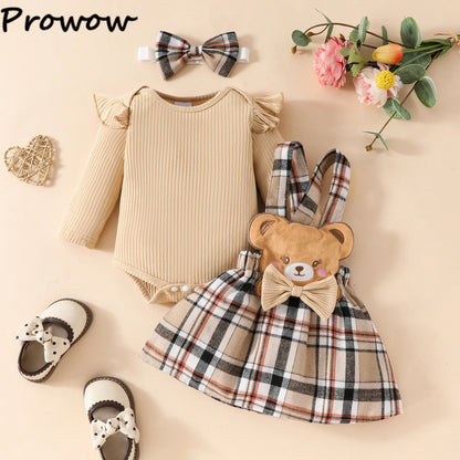 Prowow Panda Baby Girl Outfits Sets Green Cute Panda Romper and Suspender Bamboo Dress 3pcs Baby Clothes Panda Set