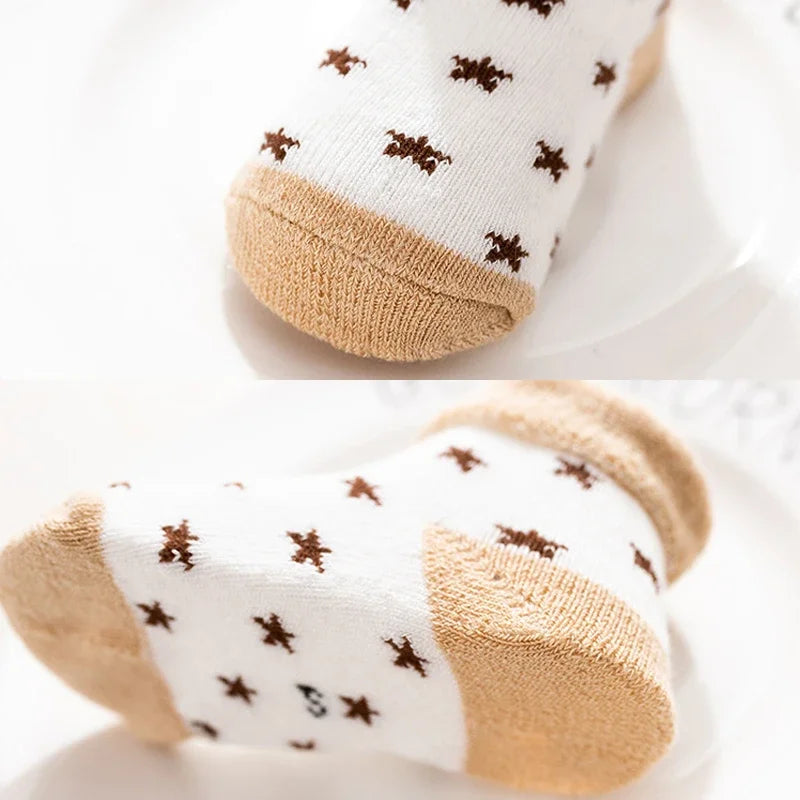 5 Pairs  de meias  para bebes   de 1 ano aos 3 anos Autumn Winter Warm Strip Baby Sock Cute Cartoon Dot Thick Infant Floor Sock Soft Star Pattern Newborn Toddler Sock             1        Seu bebê merece.