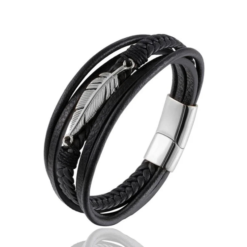 European and American Fashion Stainless Steel Star of David Multilayer Leather Braid Bracelet Mes Charm Amulet Jewelry