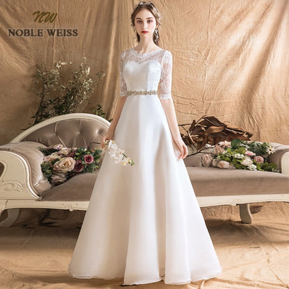 Wedding Dresses Organza A-line Simple Wedding Dress Floor-length Sashes Bridal Dresses with Half Lace Wedding Gown