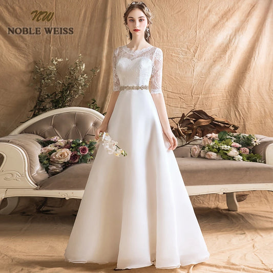 Wedding Dresses Organza A-line Simple Wedding Dress Floor-length Sashes Bridal Dresses with Half Lace Wedding Gown