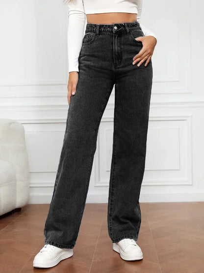 Jeans ganga Mulheres Calças Retas Lavagem Cintura Alta Solta Bolsos Básicos Comprimento Tornozelo Y2k Calças Azuis Streetwear Leve Elástico . Descubra conforto e estilo. Toque especial...