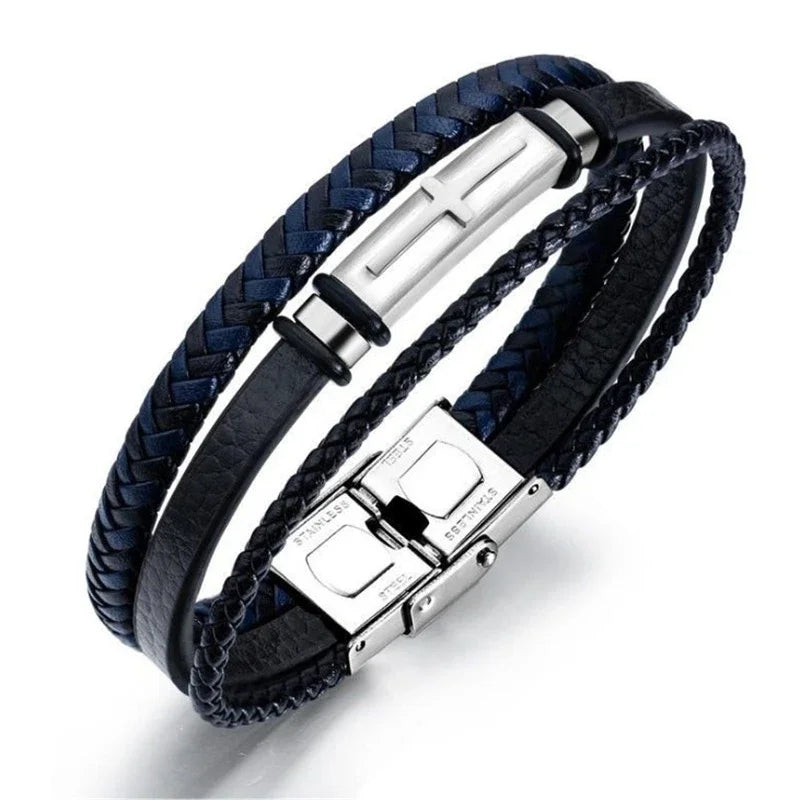 European and American Fashion Stainless Steel Star of David Multilayer Leather Braid Bracelet Mes Charm Amulet Jewelry