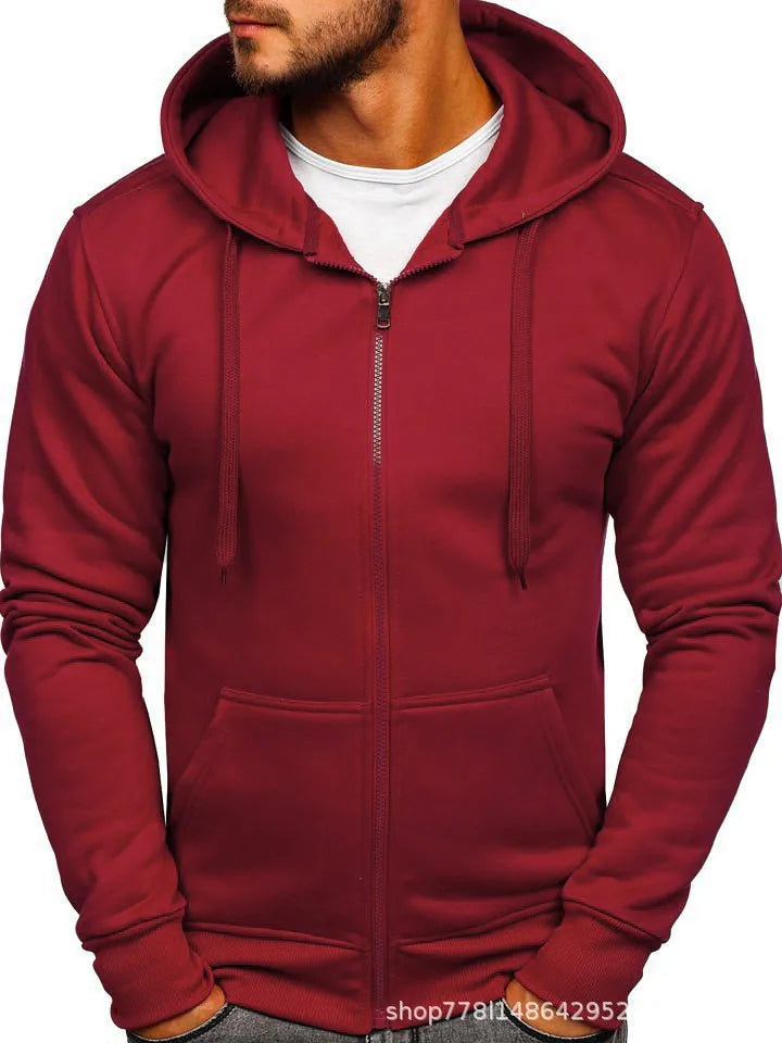 New Fashion Men's Casual Slim Fit Autumn European Size Cardigan Solid Color Zipper Cardigan Hooded Hoodie Coat